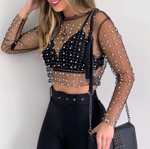 Load image into Gallery viewer, Pearl Rhinestone Pearl Mesh Top
