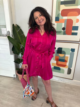 Load image into Gallery viewer, Magenta Belted Satin Dress
