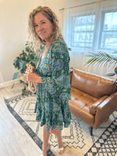 Load image into Gallery viewer, Teal &amp; Green Gold Embellished Long Sleeve Dress
