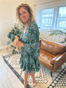 Teal & Green Gold Embellished Long Sleeve Dress