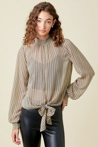 Front Tie Houndstooth Print Blouse