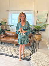 Load image into Gallery viewer, Teal &amp; Green Gold Embellished Long Sleeve Dress
