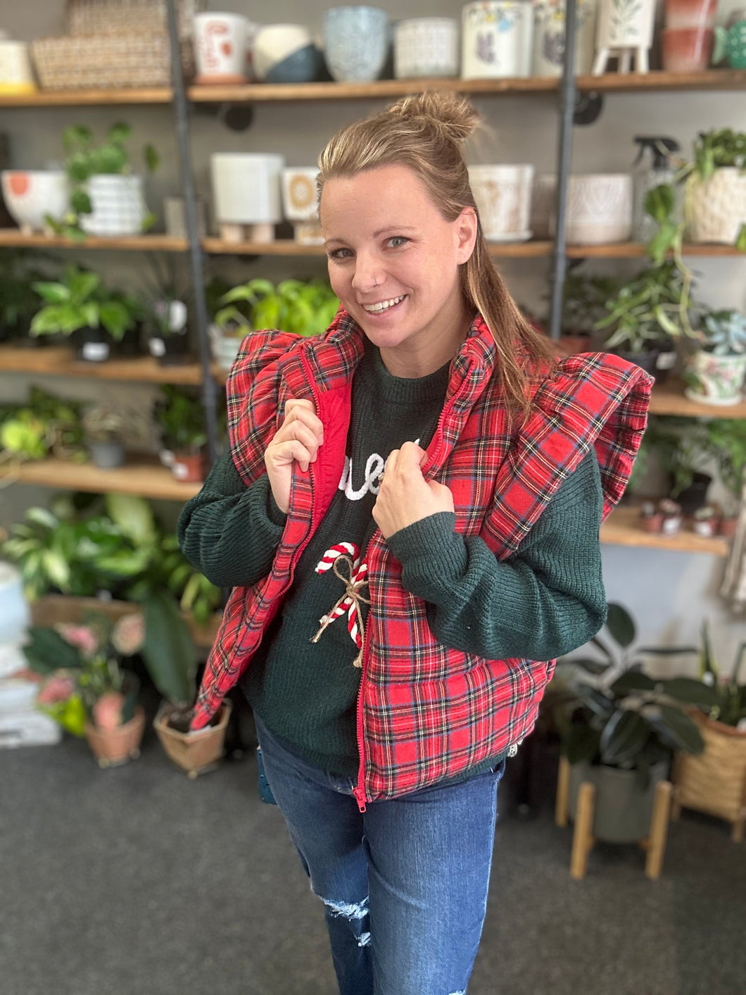 Feeling Jolly Plaid Puffer Vest