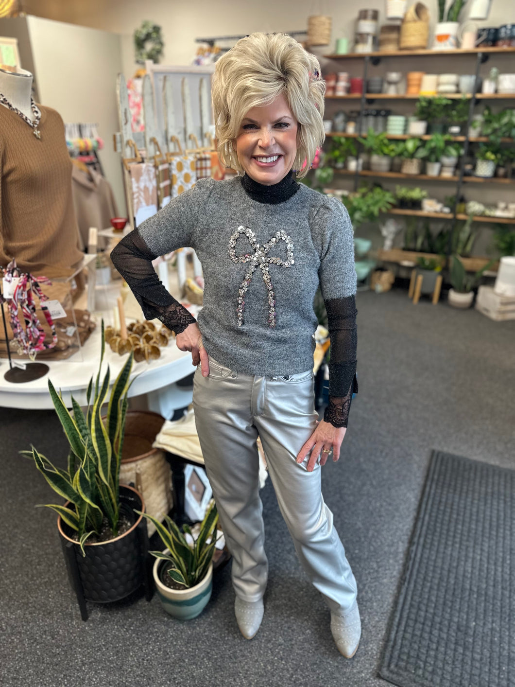 Girly Grey Bow Short Sleeve Sweater