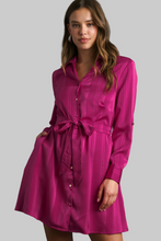 Load image into Gallery viewer, Magenta Belted Satin Dress
