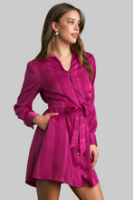 Load image into Gallery viewer, Magenta Belted Satin Dress
