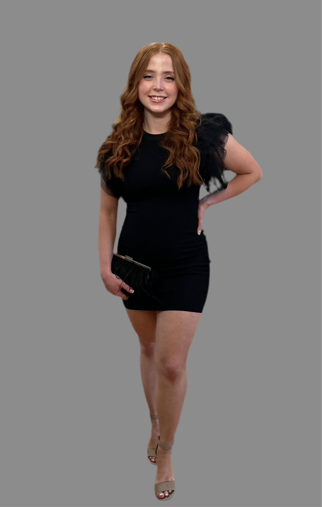 Black Tulle Sleeve Ribbed Bodycon Dress