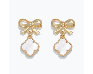 Gold Bow Earrings with Clover Drop