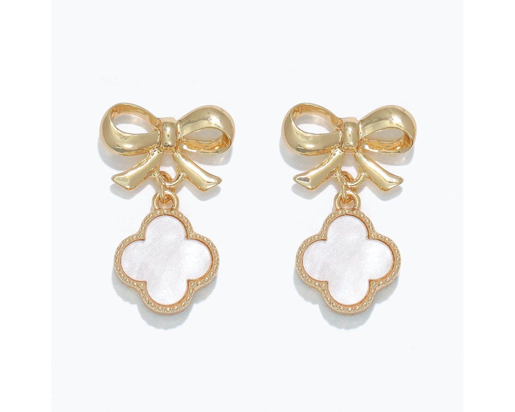 Gold Bow Earrings with Clover Drop