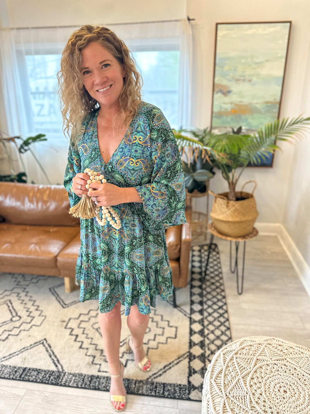 Teal & Green Gold Embellished Long Sleeve Dress