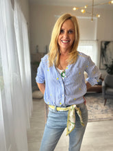 Load image into Gallery viewer, Lemon Squeeze Blue Stripe Button up
