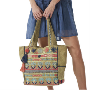 Green, Blue, & Peach Embroidered Tote