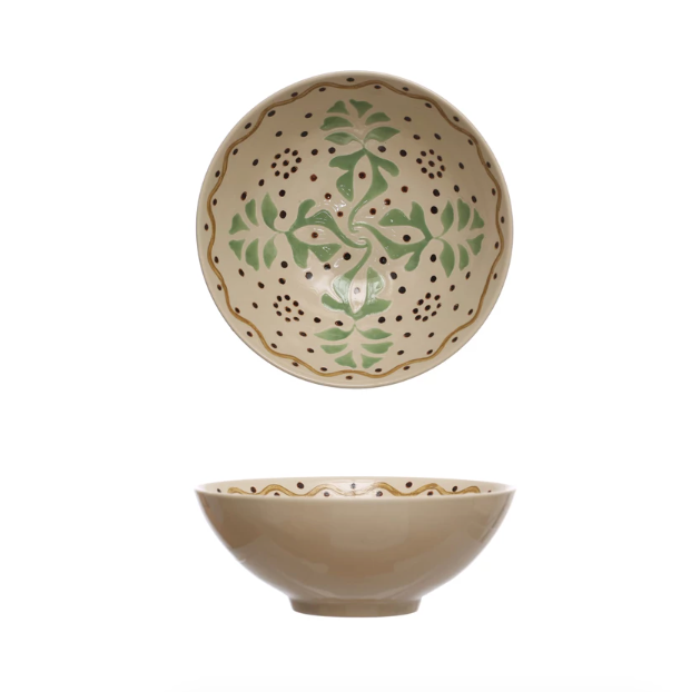 Green & Brown Hand Painted Serving Bowl
