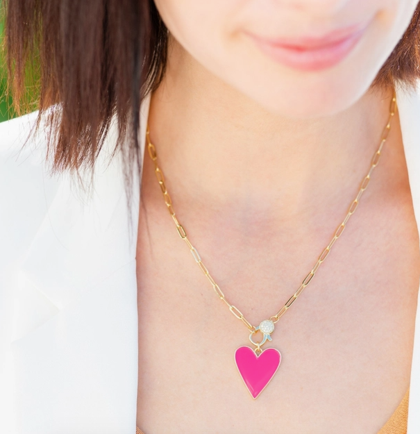 Pink Heart With Pave Clasp Necklace