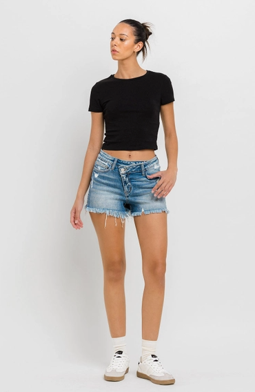 High Rise Distressed Criss Cross Shorts