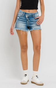 High Rise Distressed Criss Cross Shorts