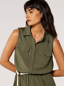 The Olive Sleeveless Shirt Dress