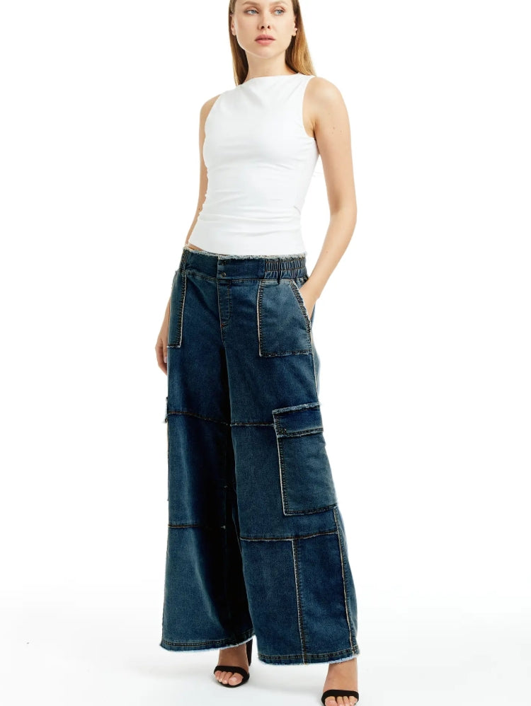 Indigo Mid Rise Cargo Pant