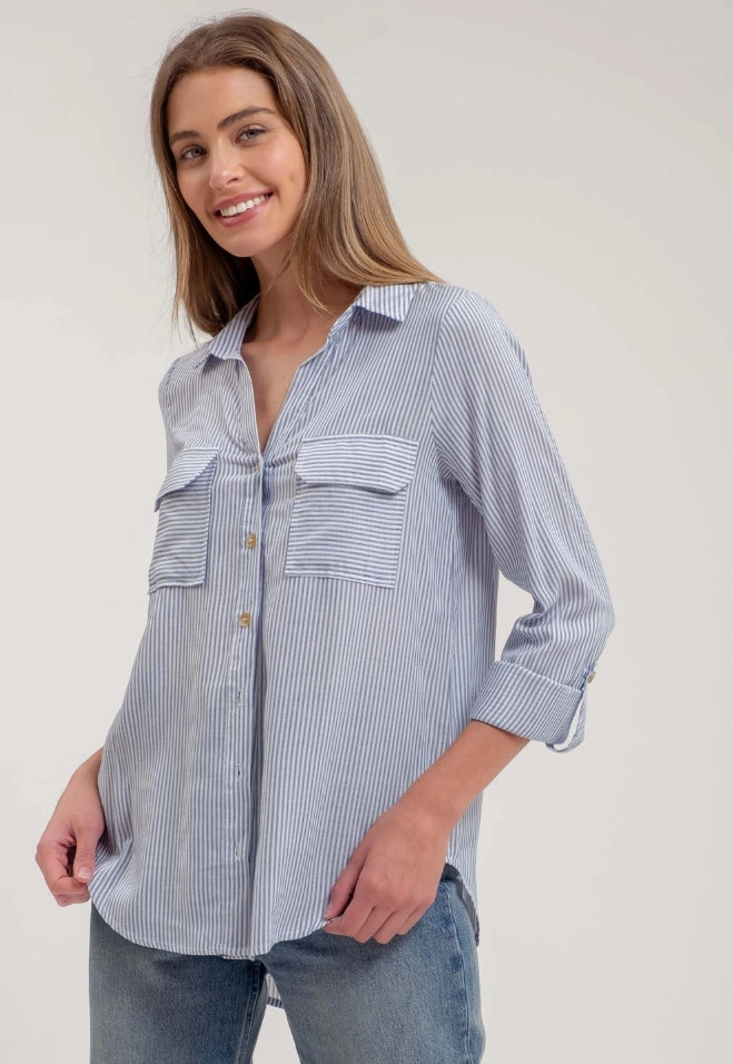 Just My Type Navy Stripe Button Up