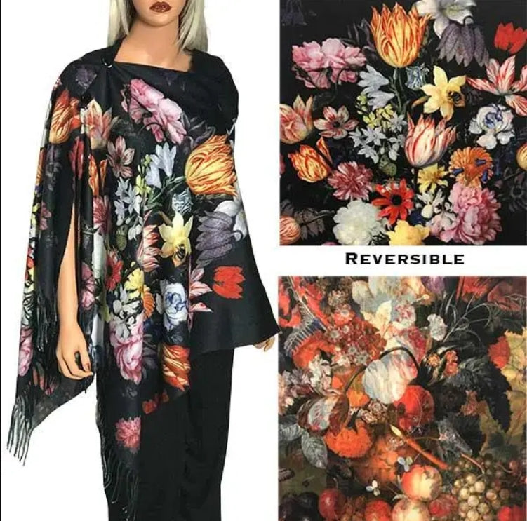 Suede Art Design Button Reversible Shawl
