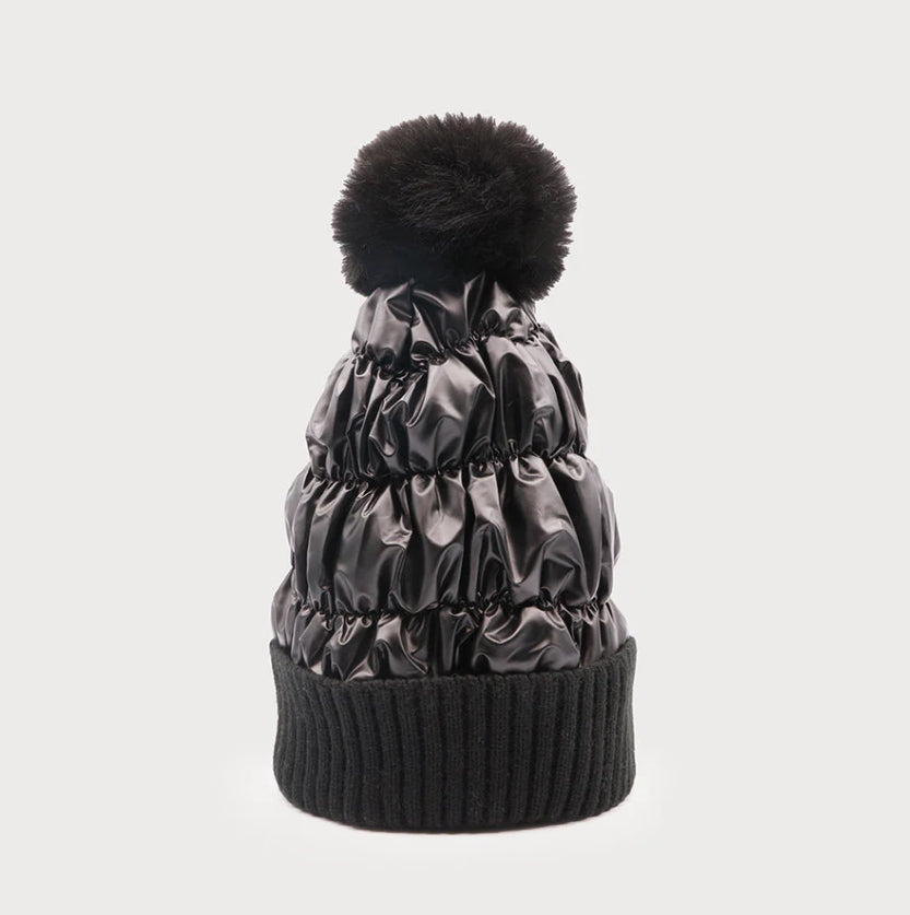 Quilted Fur Pom Hat