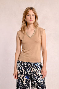 Sweet Stitches Camel V Neck Top