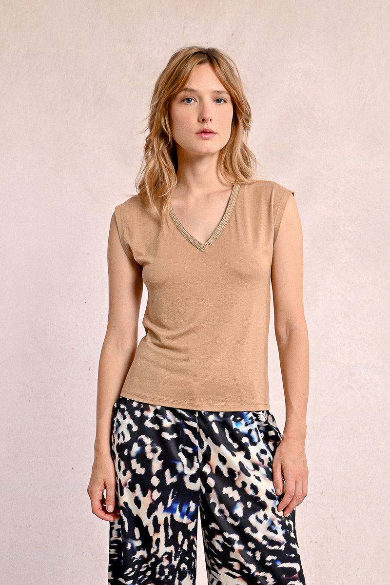Sweet Stitches Camel V Neck Top