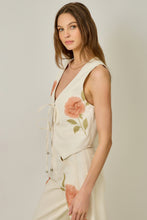 Load image into Gallery viewer, Rose Print Ivory Denim Tie up Vest
