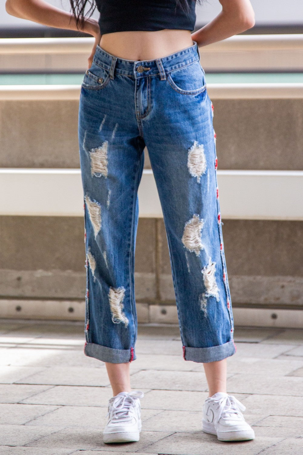 Distressed Boyfriend Jeans With Red Trim