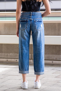 Distressed Boyfriend Jeans With Red Trim