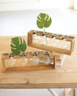 4 Glass Bud Vases in Recycled Wood