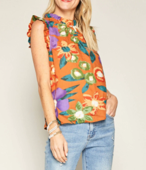 Rust Floral Print Top With Cap Sleeves