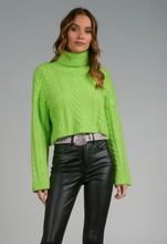 Load image into Gallery viewer, Neon Green Cable Knit Turtle Neck Sweater
