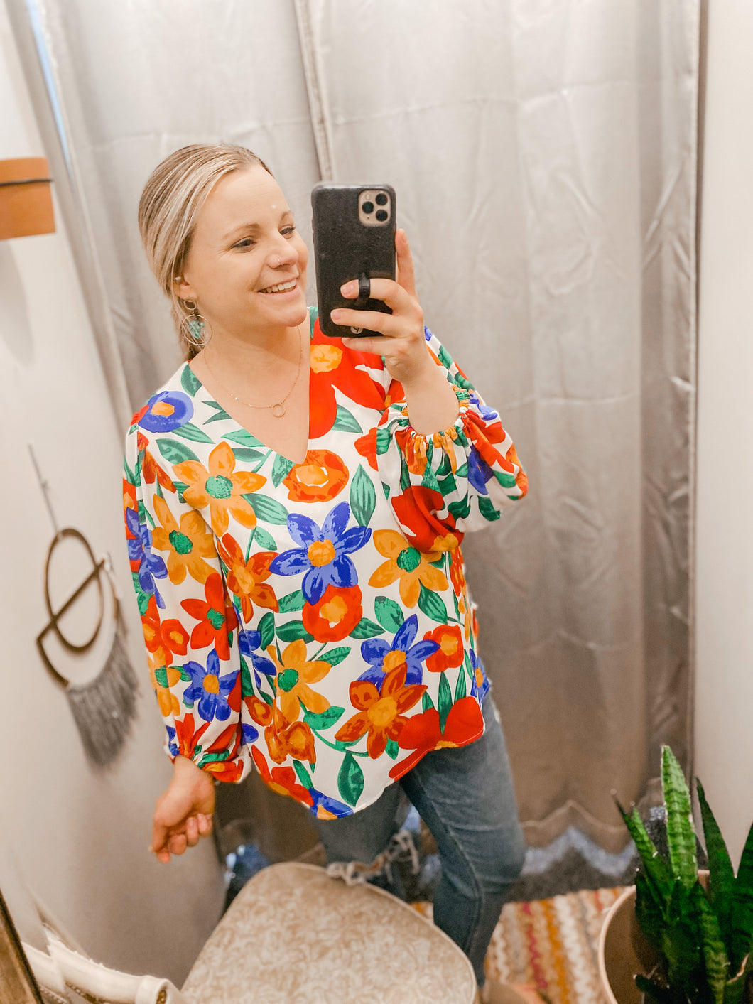 Red, Blue & Green Floral Print Blouse