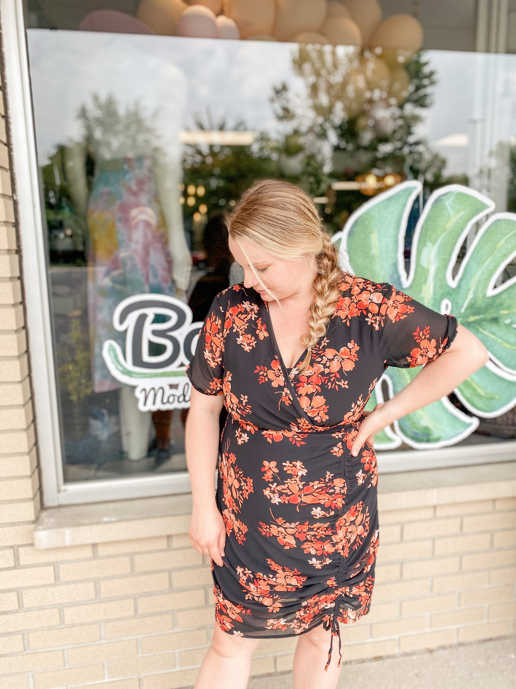 Black & Peach Floral Ruch Dress