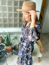 Load image into Gallery viewer, Floral Navy Printed Jaquard Midi Dress
