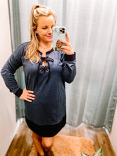 Load image into Gallery viewer, Navy Tunic Eyelet Lace up Neck
