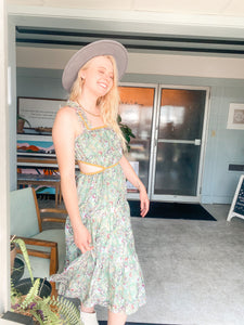 Floral Green & Mustard Midi Cut Out Dress
