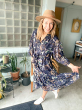 Load image into Gallery viewer, Floral Navy Printed Jaquard Midi Dress
