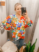 Load image into Gallery viewer, Red, Blue &amp; Green Floral Print Blouse
