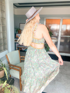 Floral Green & Mustard Midi Cut Out Dress